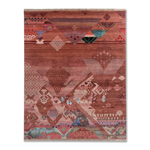 Alfombra Manchaha de Lana y Seda de Bambú con Patrón Geométrico Anudada a Mano en Rojo y Naranja - Para Uso Doméstico Les-2695 - Product Image 1
