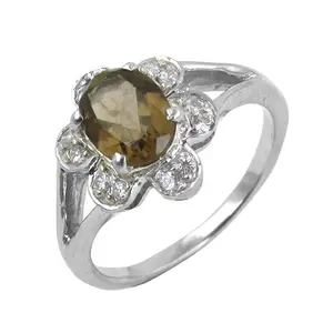 925 <b>Silver</b> Smoky Quartz Statement <b>Ring</b> for Women Handmade <b>Boho</b> Floral Design Platinum with Pear Cut Topaz Main Material - Product Image 3