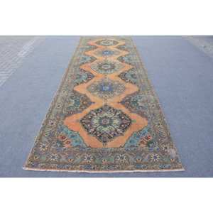 Alfombra tradicional de lana de retazos naranja azul 4,6X13,4 pies clásico Vintage estilo turco tejido plano sala de estar alfombra de látex - Product Image 1