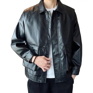 2024 hommes de haute qualité mince Biker manteau col montant veste en cuir PU hiver laine toile nouvel état couleur unie Letterman - Product Image 4