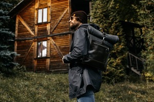 Custom fasion Style Genuine <b>Leather</b> Roll Top <b>Laptop</b> Rucksack Winter Backpack in Grey Perfect Gift for Boyfriend - Product Image 3