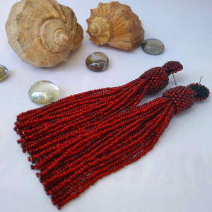 Boucles d'oreilles longues à pampilles et perles bordeaux, grandes boucles d'oreilles à perles et grenat, style bohème, pendantes, couleur marsala - Product Image 6