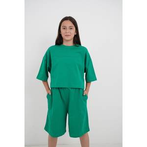 Conjunto de pantalones cortos de cuello redondo de tela de dos capas verde para niñas - Product Image 4