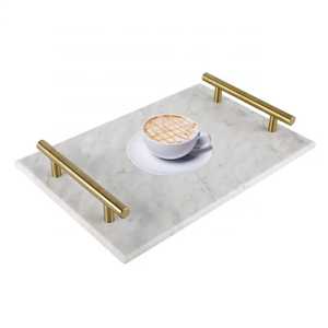 Plateau en marbre blanc luxueux moderne fait à la main avec poignée en feuille d'or, objets décoratifs personnalisés en aluminium pour Noël et le Ramadan pour la maison - Product Image 6