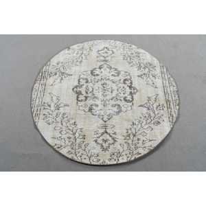 Turkish Vintage <b>Rug</b>, 3,9x3,9 ft <b>Round</b> <b>Rug</b>, <b>White</b> Southwestern <b>Rug</b> - Product Image 1