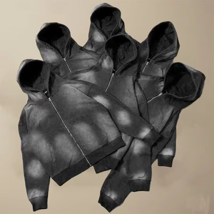 ชุดเซ็ตเสื้อฮู้ดซิปและกางเกงขายาวสไตล์สตรีทแวร์สำหรับผู้ชาย ผ้าฝ้าย 100% ล้างสีแบบซันเฟดและเอซิดวอช - Product Image 2