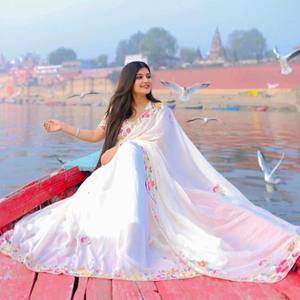 Sari en soie lourde VASTRA COTTAGE avec broderie multi-fils, travail de codage séquentiel, bordure ajourée et chemisier de créateur - Product Image 1