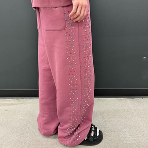 Pantalons de survêtement en molleton de coton surdimensionné pour hommes, style streetwear personnalisé, vintage, délavé à l'acide, avec strass - Product Image 1