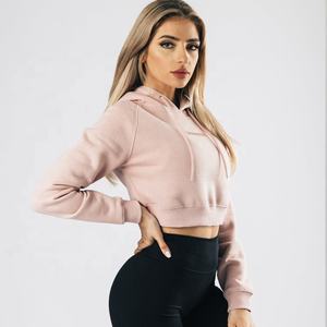 Top corto de gimnasio con cremallera de franela personalizable para mujer, Sudadera con capucha de gran tamaño con dobladillo crudo, corte en V, ropa de Yoga para Fitness, venta al por mayor para invierno - Product Image 3