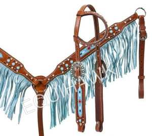 Pechera de cuero occidental personalizada y arnés de cuero a juego con flecos. Cabezada y pechera de cuero occidental premium. - Product Image 5