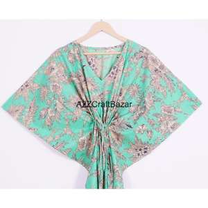 African <b>Women's</b> Formal Evening Gown Ethnic Midi Kaftan <b>Dress</b> 100% Cotton Washable Natural Waist V-neck Short Sleeve - Product Image 2