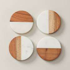 Vente en gros de sous-verres en bois de marbre blanc naturel Ensemble hexagone et carré en bois d'acacia pour boissons-pour hôtels - Product Image 2