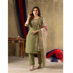 Conjunto Kurti tradicional de seda dorada brillante de primera calidad para mujer, bordado de múltiples hilos y trabajo manual, ropa festiva y de fiesta - Product Image 5