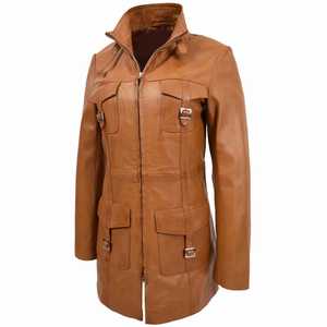 Veste safari en cuir véritable pour femme, style vintage, manteau de terrain avec quatre poches à boucles - Product Image 5