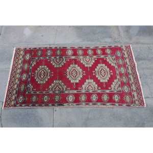 Turkish Vintage Rug, 2x3.8 ft Rug, <b>Red</b> White Ikat <b>Wool</b> Rug - Product Image 4