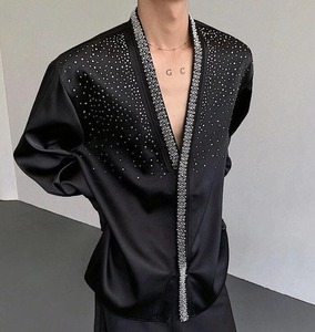 Venta al por mayor Bling Rhinestone algodón hombres camisetas personalizadas manga completa brillo diseño camiseta para ropa de moda - Product Image 4