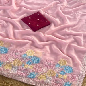 Sari de Chifón de Vidrio Puro VASTRA COTTAGE con Panel Floral Bordado en Toda la Superficie con Blusa de Contraste para Fiestas - Product Image 6