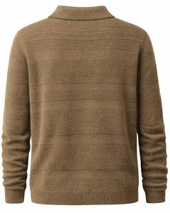 Pull Polo Homme Personnalisé à Texture Horizontale en Tricot, Manches Longues, Col Boutonné, Décontracté, Hiver, en Brun Camel, Vente en Gros - Product Image 2