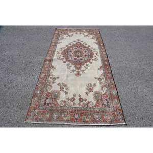 Alfombra turca vintage tradicional beige y roja (4x8,3 pies) - Product Image 1