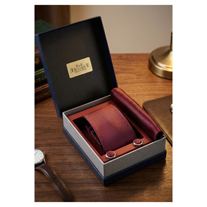 Gift Box Set Burgundy Navy Blue & <b>White</b> Striped Jacquard Woven Tie <b>Pocket</b> <b>Square</b> & Cufflink Set in PU Leather - Product Image 5