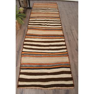 3.2x10.7 ft Vintage Turkish Rug, Runner Rug, Kilim <b>Brown</b> <b>Wool</b> Rug - Product Image 1