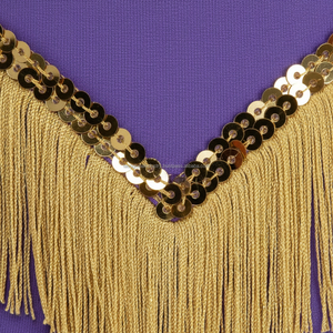 Costume de danse violet élégant avec des accents de franges dorées, tenue de performance à une manche pour femmes avec des manchons assortis - Product Image 4