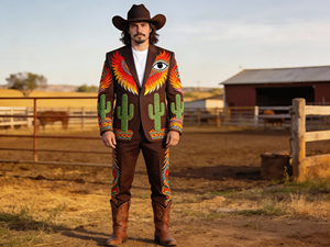 Conjunto de Traje Bordado Estilo Vaquero Verde para Hombre, Blazer y Pantalones con Diseño de Fénix y Cactus - Product Image 3