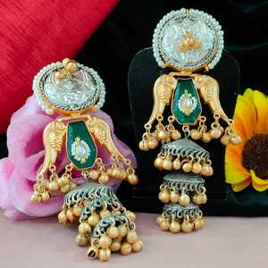 หินมอสซาไนท์เหมือนสีเงิน Jhumkas สำหรับผู้หญิงทำจากทองเหลืองผิวเคลือบสีเงินสารออกซิไดซ์เป็นมิตรต่อผิว - Product Image 4