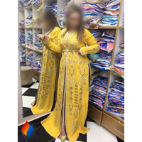 Robe Takchita Kaftan Marocaine en Crêpe Brodé à la Main Jaune Royal, Style Bohème Vintage pour Femme, Idéale Été/Hiver/Automne/Printemps