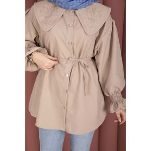 Túnica Informal Beige con Cuello Bordado y Cintura Ajustable con Cordón, Tejido de Popelina y Chifón, Estampado Diario, Talla XS, Corte Holgado - Product Image 5