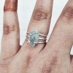 Rough <b>Stone</b> Jewelry Women's <b>Ring</b> Natural Aquamarine Raw Gemstone March Birthstone 3 Plain Band Jewelry 925 Sterling <b>Silver</b> <b>Ring</b> - Product Image 2