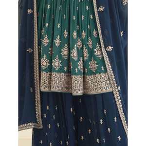 Ensemble de palazzo prêt-à-porter pour femmes en georgette vert sarcelle brodé, magnifique - Product Image 3