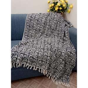 Manta de sofá de algodón suave de primera calidad de lujo, borlas, bloque estampado a mano, respetuoso con el medio ambiente, transpirable, decoración de habitación para todas las estaciones - Product Image 2