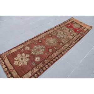 Turkish Vintage Rug, <b>Runner</b> 2.8x9.3 ft (85x282 cm) Rug, <b>Red</b> Bordered Wool Rug - Product Image 4