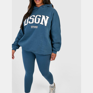 Sweat à capuche en coton zippé décontracté pour femmes pantalons de survêtement grande taille vêtements de sport pantalon évasé costume avec imprimé surdimensionné ensemble pour femmes - Product Image 2