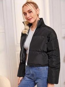 Tendance femme hiver chaleur doudoune motif solide tissé manteau col à capuche fermeture éclair complète manches longues respirant caractéristique - Product Image 3