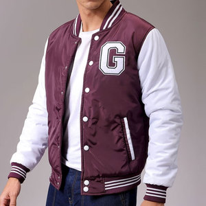 <b>Men</b> Varsity <b>Jacket</b> Maroon <b>White</b> Letter G Embroidered Preppy Style Regular Fit Cotton Filled Stand Collar Patchwork Winter Wear - Product Image 1