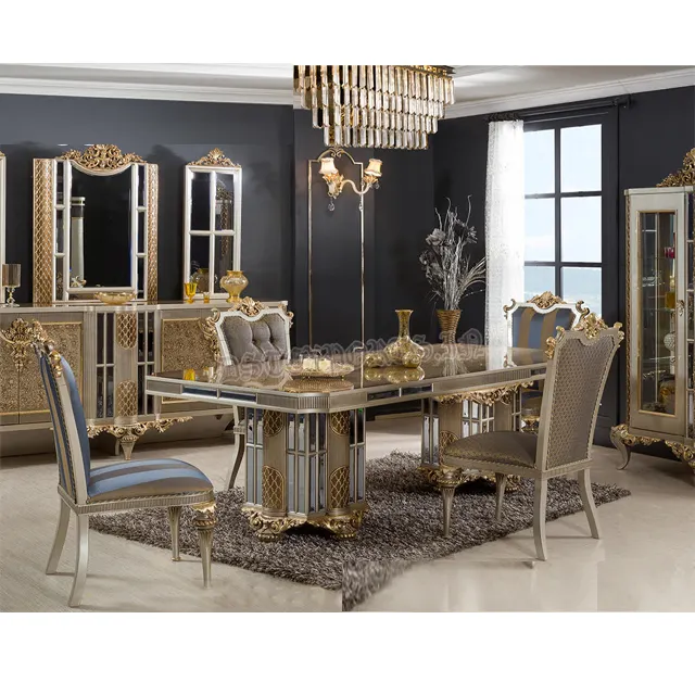 Türkischer Stil moderne geschnitzte Esszimmermöbel handgefertigtes Teakholz-Esstischset Luxus 4-Sitzer Esszimmermöbel