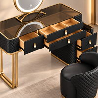 Ensemble de coiffeuse de luxe noire avec miroir rond LED, tabouret et tiroirs, taille et couleur personnalisables, garantie de 2 ans
