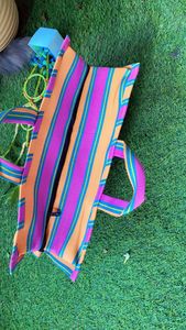 Mini bolsas de la compra de PP tejidas de nailon reutilizables ecológicas Plástico de polipropileno reciclado sostenible con Diseño a rayas - Product Image 3