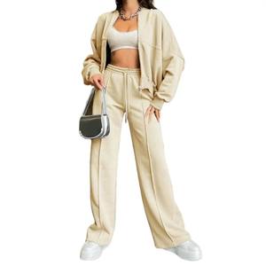 Automne femmes vêtements de sport décontracté col rond pantalons longs ensembles manteau à glissière à la mode 100% coton coupe ample à manches longues touche féminine - Product Image 5