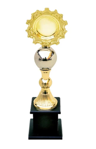 Trofeo clásico de Metal con borde Sunburst, copa dorada brillante sobre una base de pedestal negra, ideal para deportes, a precios al por mayor. - Product Image 1