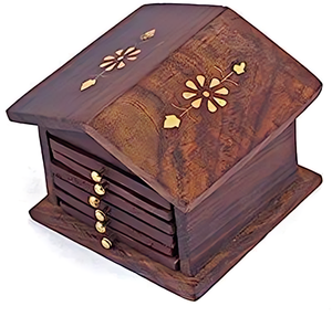 Ensemble de sous-verres en forme de maison en bois avec incrustation florale et accents en laiton Tapis décoratifs pour la maison ou les cadeaux - Product Image 1
