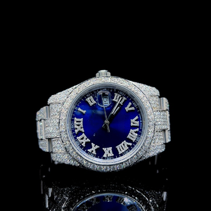 Reloj Elegante de Moda, Estilo Hip Hop Antiguo, Deportivo, de Acero Inoxidable, con Diamantes Moissanite, Esfera Azul Helada, Función de Fecha, Movimiento Automático de Cuarzo - Product Image 1