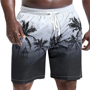 Shorts de bain décontractés pour hommes à séchage rapide en polyester imprimé avec motif palmier, logo frontal et cordon de serrage à la taille - Product Image 1