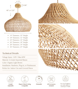 Luz colgante de ratán tejido Natural bohemio para exteriores, resistente al agua para comedor, sala de estar, dormitorio, altura ajustable E26 - Product Image 5