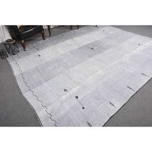 Alfombra de lana turca Vintage Chic 9x10ft tejido plano de retazos grises para decoraciones de sala de estar con respaldo de látex - Product Image 4