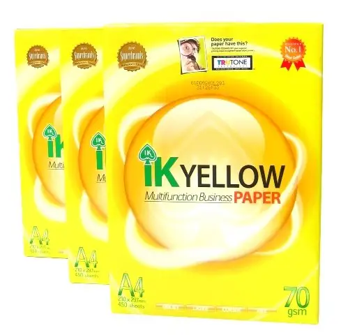 Hot sale IK Yellow Copy Paper A4 A3 80gsm, 70gsm 500 Sheet Per Ream IK Plus A4 Paper for sale fast shipping available