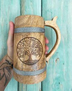 Eco-Friendly Polished Wooden Viking <b>Mug</b> with Hand Carved Engraving Feng Shui Design High Quality - Product Image 1