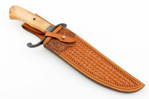 Cuchillo Bowie de hoja de Damasco San Mai hecho a mano con mango de hueso cubierta de cuero marrón personalizable OEM DIY cuchillos de supervivencia al aire libre - Product Image 6